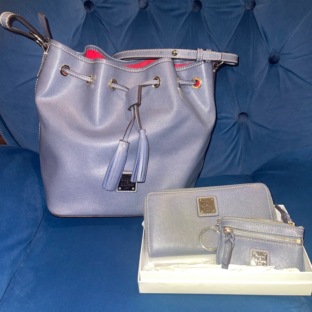 Dooney and Bourke Soffiano leather drawstring, small & largezip around wristlet